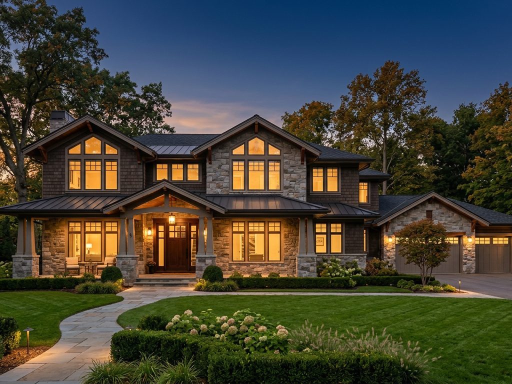 Modern home security cameras and entry lighting